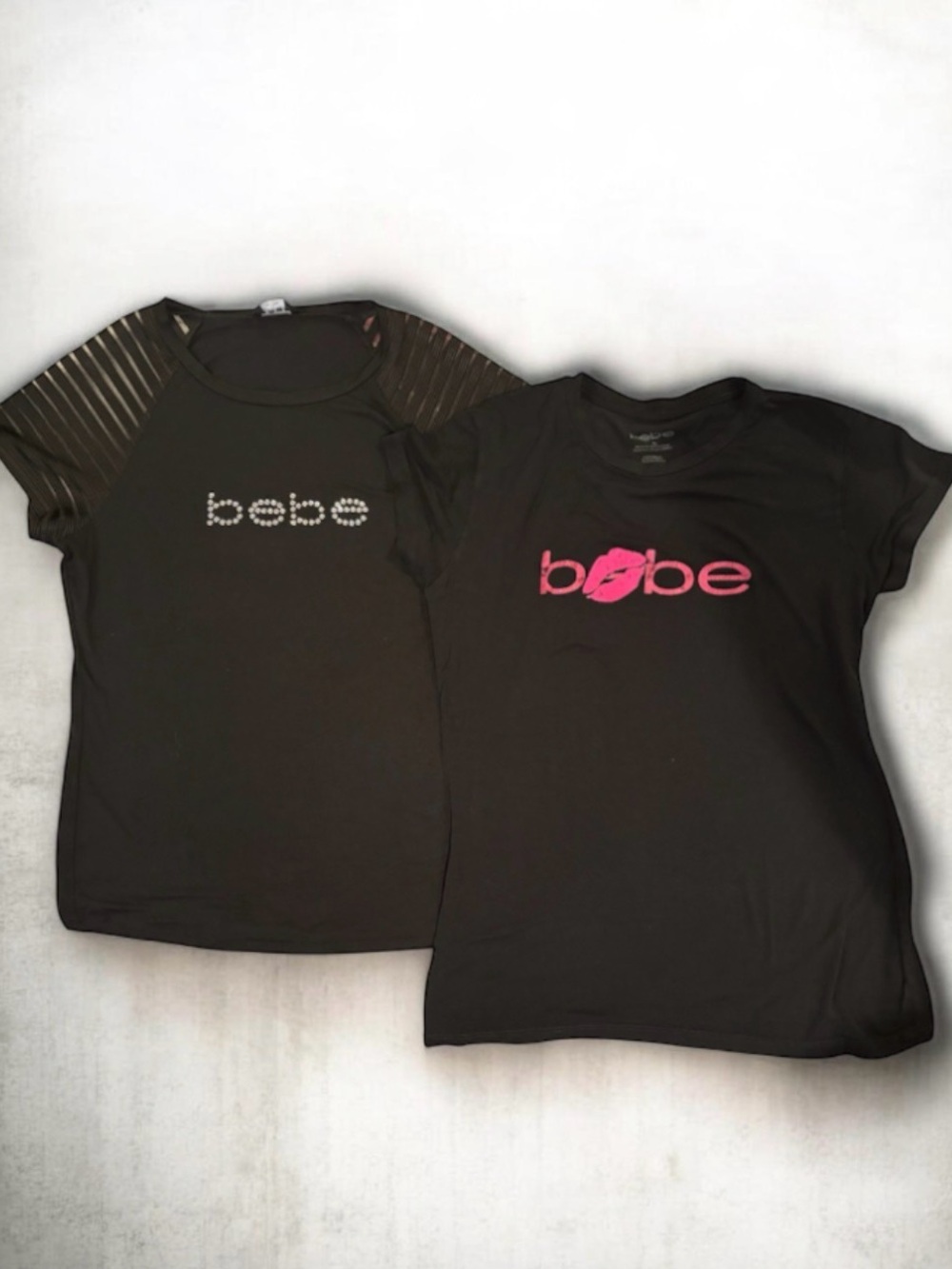 Bebe Black Logo T-Shirt Bundle Set of 2 Rhinestone Mesh & Pink Lips L XL